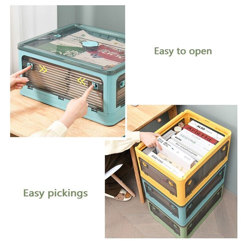 28L BLUE Storage Container Stackable 5 Sides Open Top Lid Transparent Foldable
