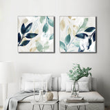 Wall Art 50cmx50cm Watercolour style leaves 2 Sets White Frame Canvas - Front View