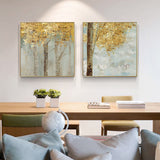 Wall Art 70cmx70cm Golden Leaves 2 Sets Gold Frame Canvas - Front View