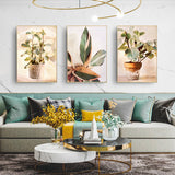 Botanical Leaves Watercolor Canvas Art Set - 80x120cm Framed in Elegant Gold (3 Pieces) - Front View