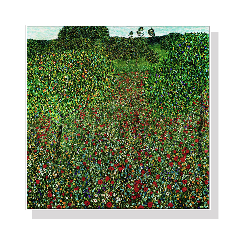 Gustav Klimt's Vibrant Poppy Field Canvas Art - 40cm x 40cm with White Floating Frame