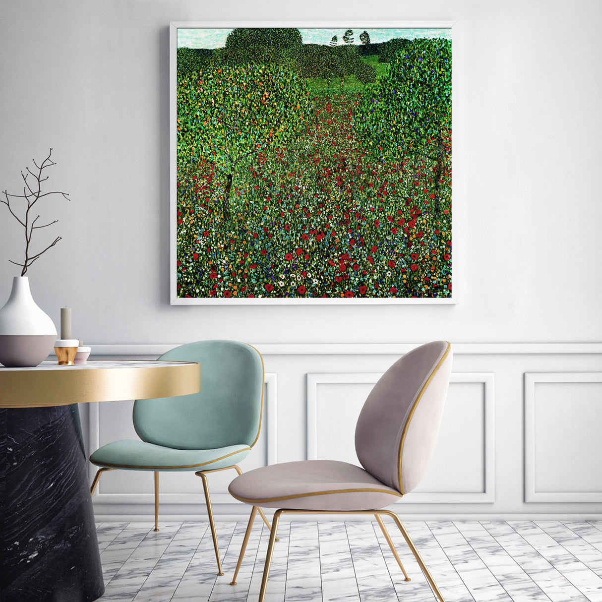 Gustav Klimt's Vibrant Poppy Field Canvas Art - 40cm x 40cm with White Floating Frame