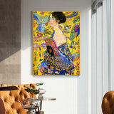 Wall Art 70cmx100cm Lady With A fan By Klimt Gold Frame Canvas - Front View
