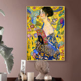 Wall Art 80cmx120cm Lady With A fan By Klimt Gold Frame Canvas - Side View
