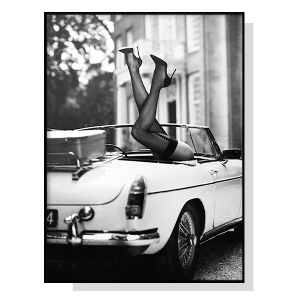 Elegant High Heel Canvas Art in Classic Car with Black Floating Frame - 40cm x 60cm