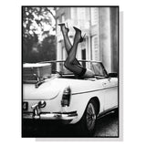 Elegant High Heel Canvas Art in Classic Car with Black Floating Frame - 40cm x 60cm