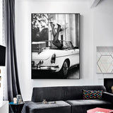 Elegant High Heel Canvas Art in Classic Car with Black Floating Frame - 40cm x 60cm - Front View