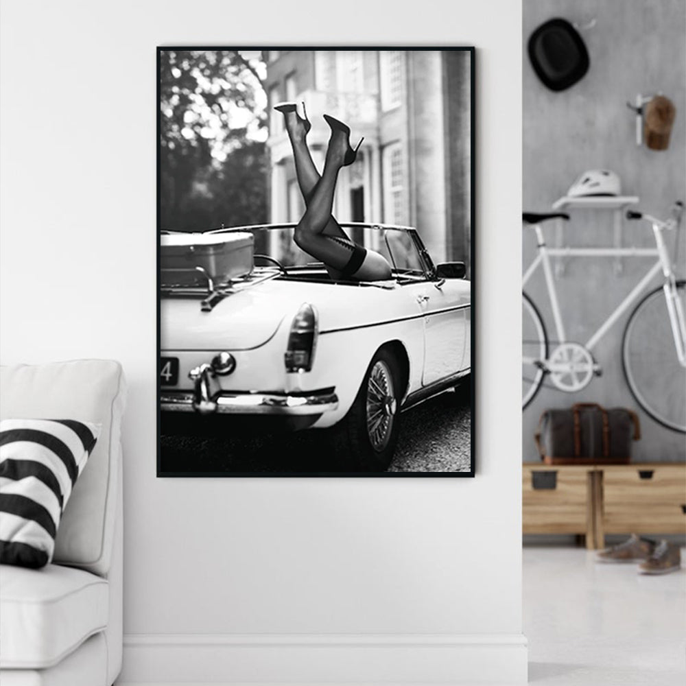Elegant High Heel Canvas Art in Classic Car with Black Floating Frame - 40cm x 60cm