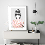 Wall Art 80cmx120cm Roses Girl Black Frame Canvas - Front View