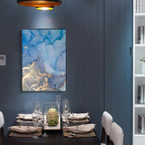 Wall Art 60cmx90cm Light Blue Marble With Gold Splash Black Frame Canvas - Side View