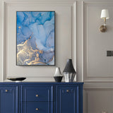 Wall Art 80cmx120cm Light Blue Marble With Gold Splash Black Frame Canvas - Front View
