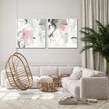 Abstract Pink and Grey Canvas Wall Art Set - 40cm x 40cm with White Floating Frames - Top-Down View