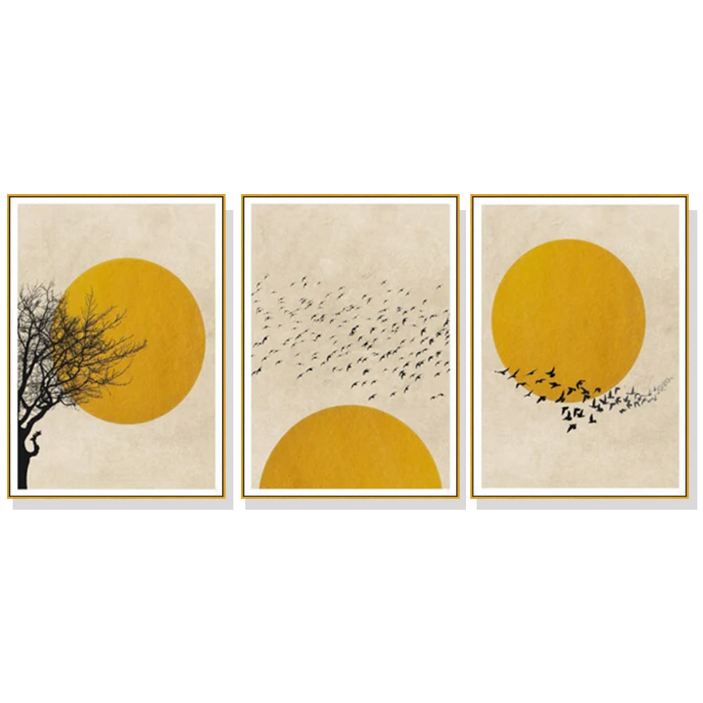 Elegant Gold Framed Canvas Art - Flock of Birds Silhouette at Sunset (100cm x 150cm)