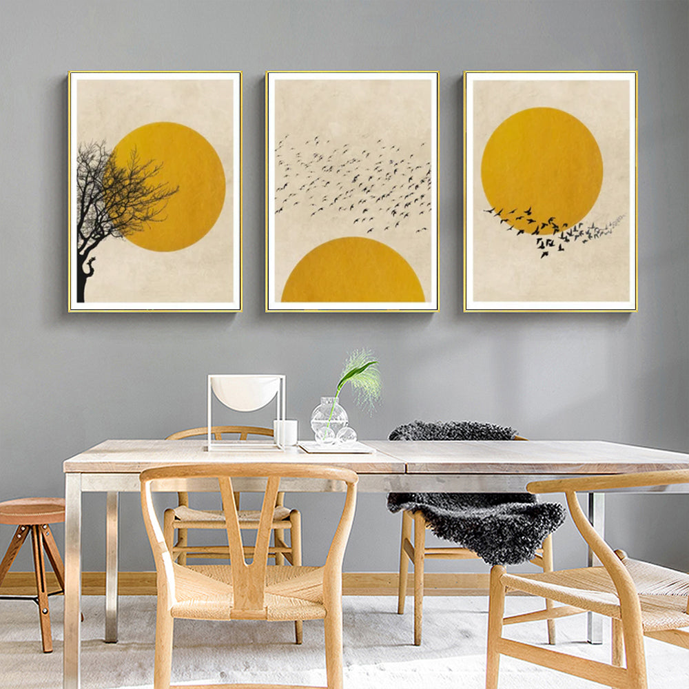 Elegant Gold Framed Canvas Art - Flock of Birds Silhouette at Sunset (100cm x 150cm)