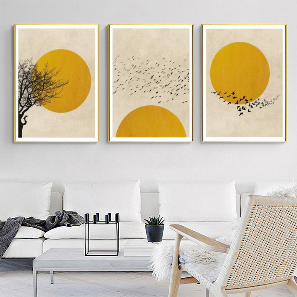 Elegant Gold Framed Canvas Art - Flock of Birds Silhouette at Sunset (100cm x 150cm)