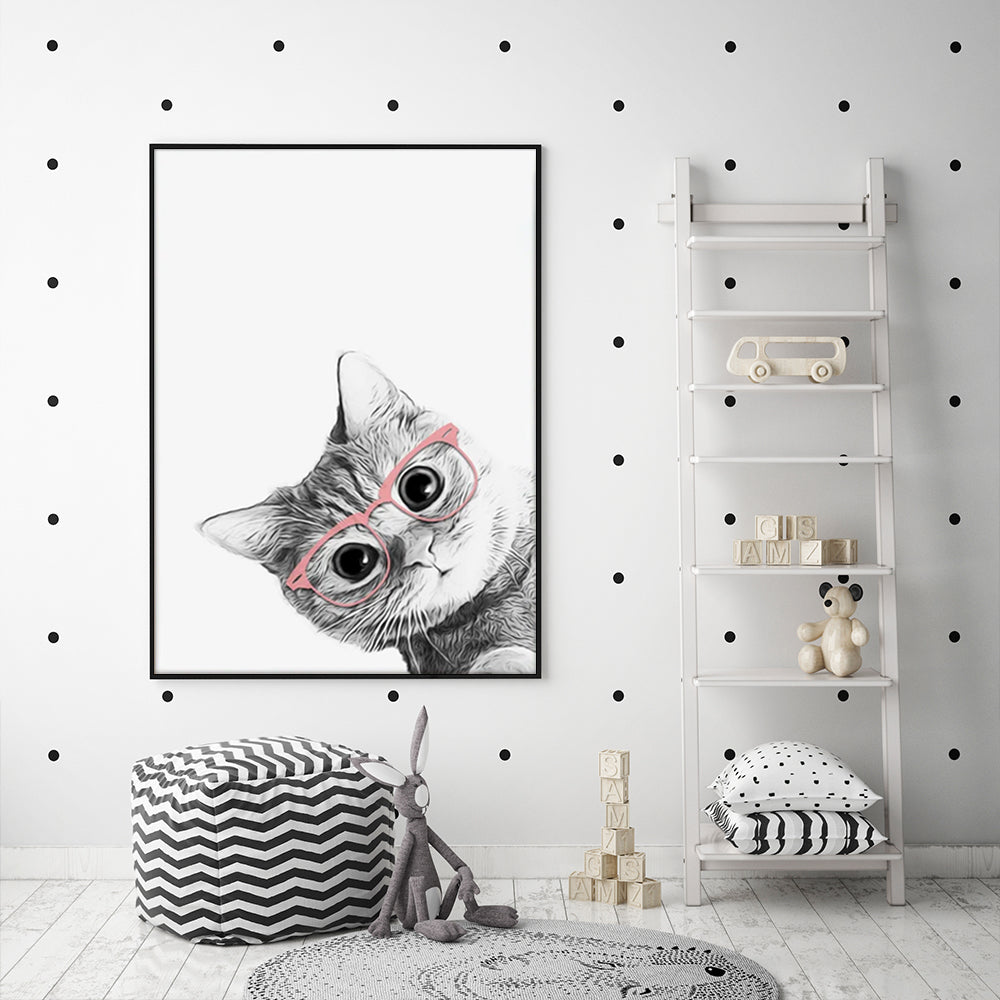 Framed Canvas Artwork: 40cm x 60cm Cat with Glasses in Sleek Black Frame