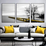 Wall Art 60cmx90cm Calm Lake Bridge Tree Scene 3 Sets Black Frame Canvas - Front View