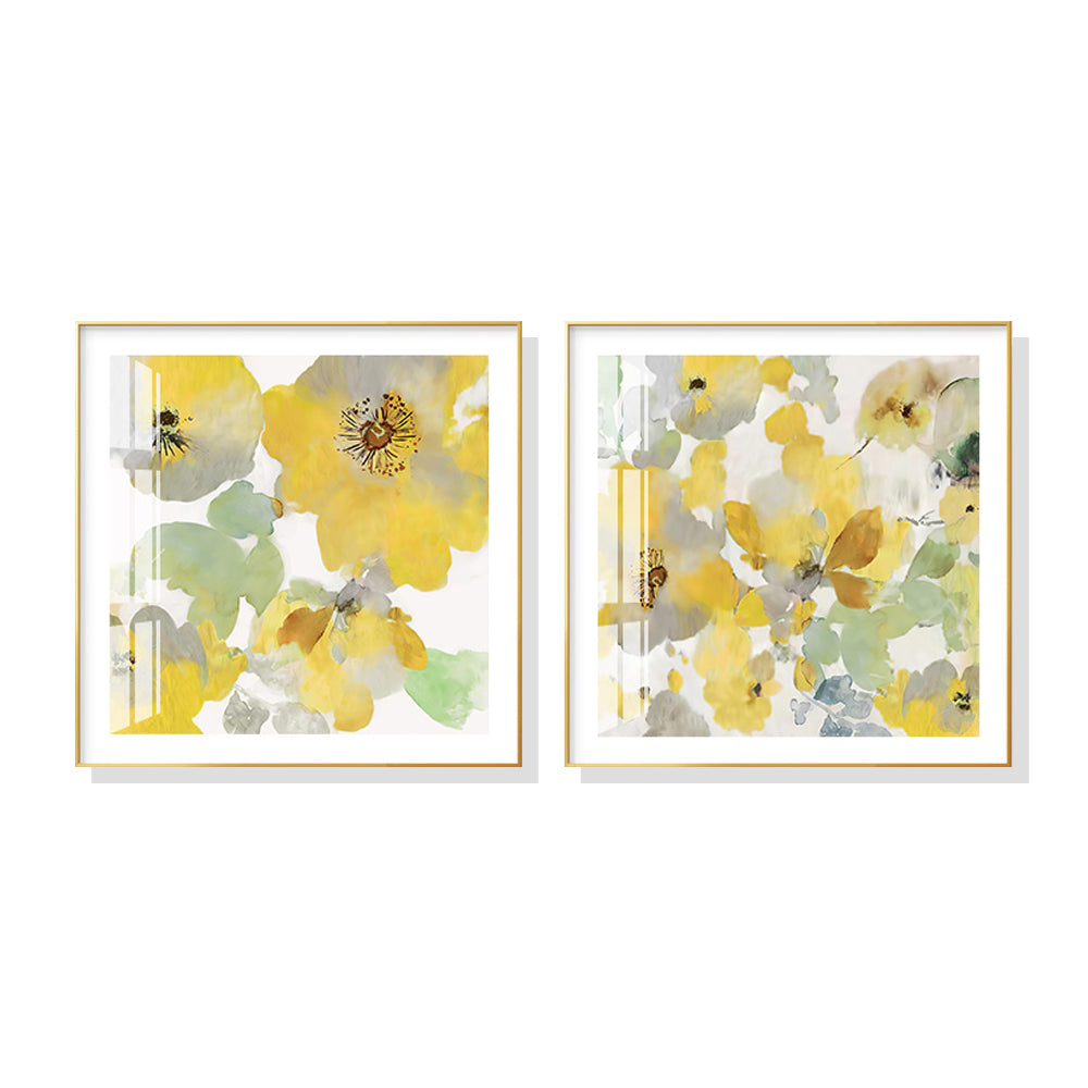 Framed Canvas Set of 2 - American Style Yellow Flower Wall Art (40cm x 40cm) with Gold Frame