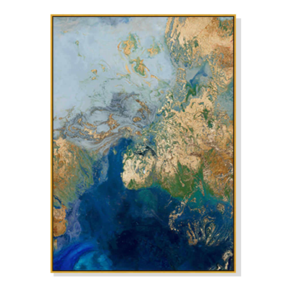 Elegant Marbled Blue and Gold Canvas Artwork with Gold Frame - 90cm x 135cm