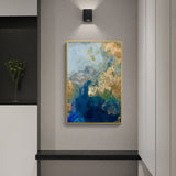 Elegant Marbled Blue and Gold Canvas Artwork with Gold Frame - 90cm x 135cm - Front View