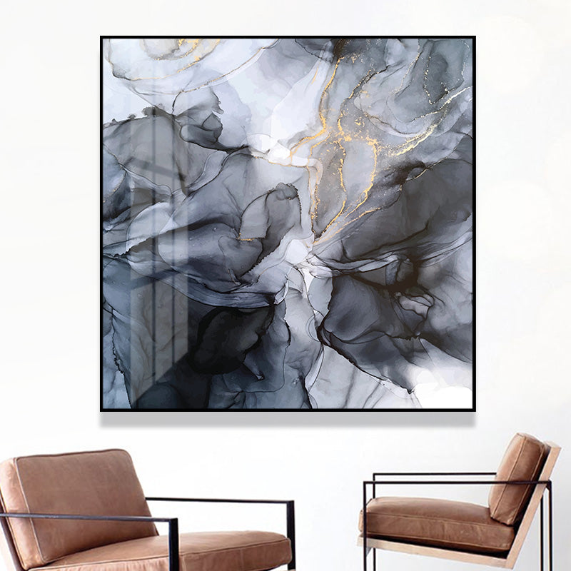 Abstract Marbled Canvas Art - 40cm x 40cm Black and Grey Framed Print