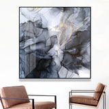 Abstract Marbled Canvas Art - 40cm x 40cm Black and Grey Framed Print - Side View