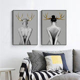 Wall Art 60cmx90cm Girl With Gold Horn 2 Sets Black Frame Canvas - Front View