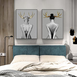 Wall Art 60cmx90cm Girl With Gold Horn 2 Sets Black Frame Canvas - Side View