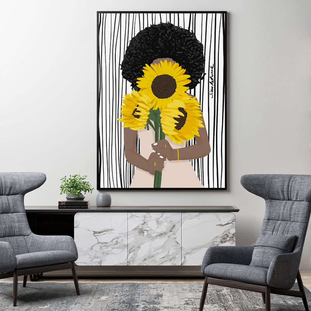 African Woman with Sunflower Canvas Art - 40x60cm Framed Print