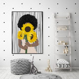 Wall Art 60cmx90cm African Woman Sunflower Black Frame Canvas - Side View