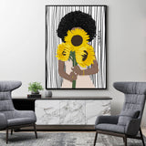 Wall Art 70cmx100cm African Woman Sunflower Black Frame Canvas - Front View