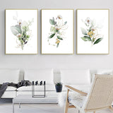 Wall Art 60cmx90cm Green and Gold Watercolor Botanical 3 Sets Gold Frame Canvas - Front View