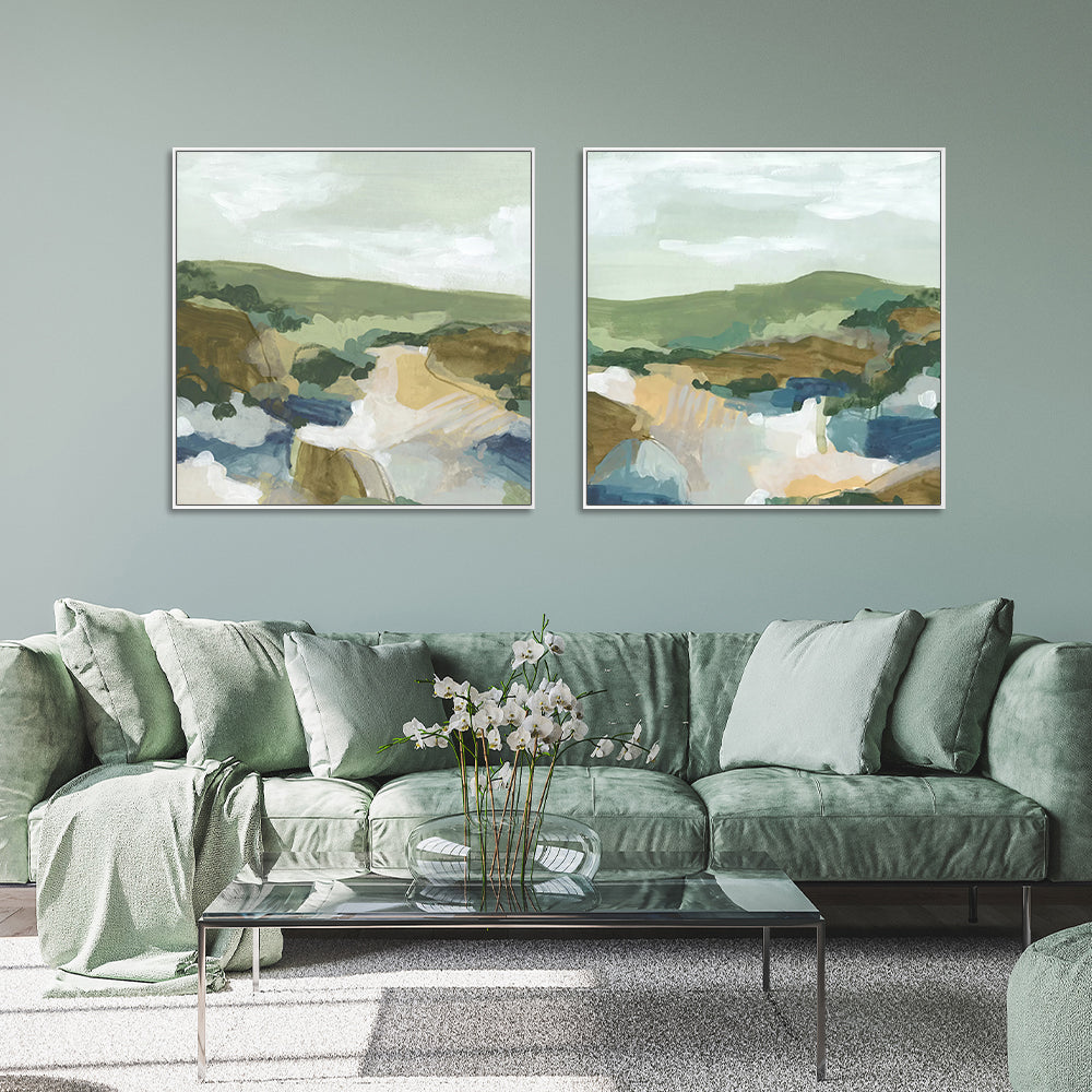 Abstract Landscape Canvas Wall Art Set - 100cm x 100cm with White Frames