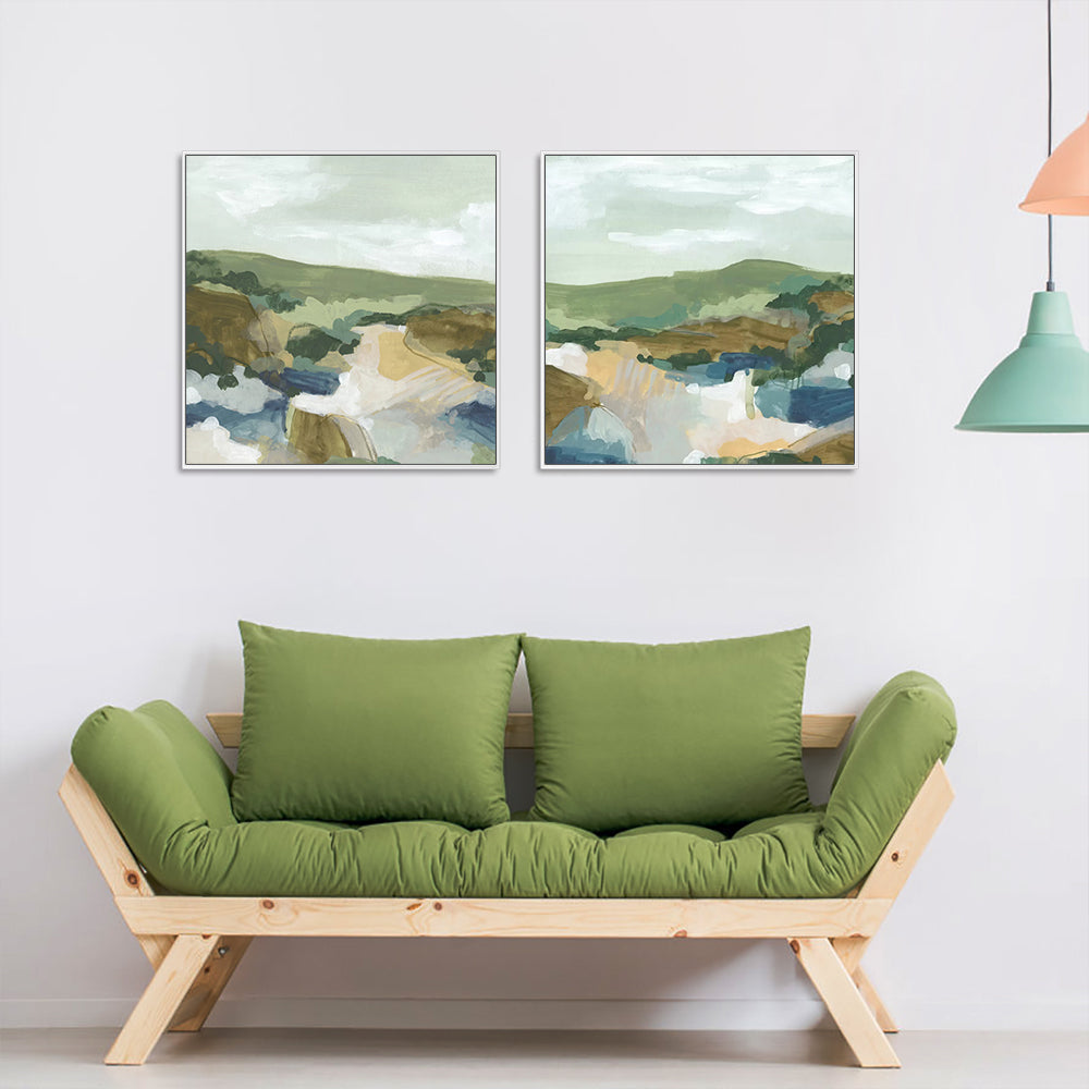 Abstract Landscape Canvas Wall Art Set - 100cm x 100cm with White Frames