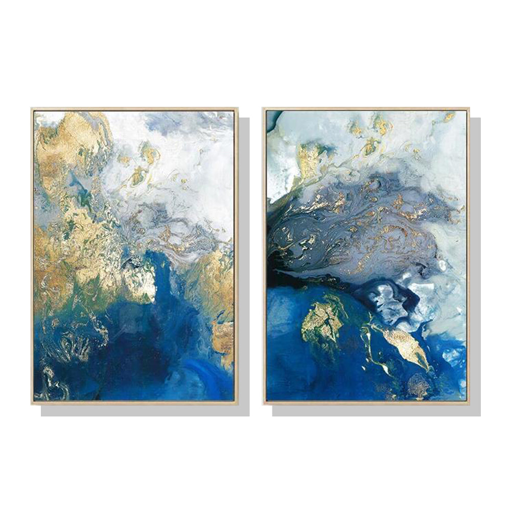 Elegant Marbled Blue and Gold Canvas Art Set - 80cm x 120cm with Gold Frame