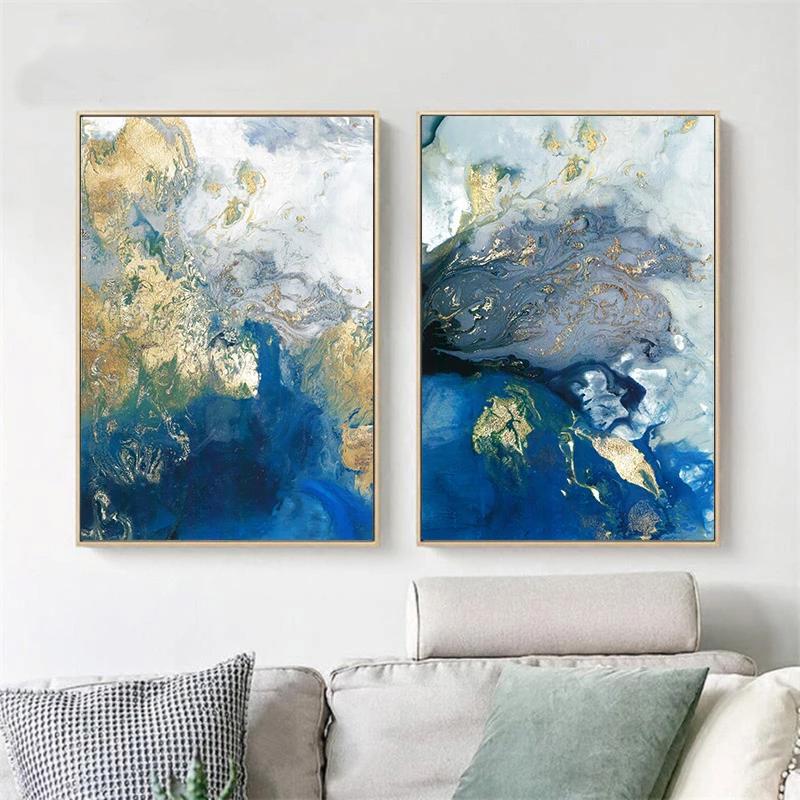 Elegant Marbled Blue and Gold Canvas Art Set - 80cm x 120cm with Gold Frame