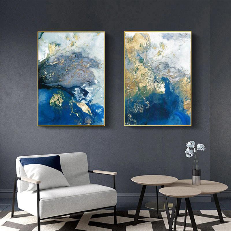 Elegant Marbled Blue and Gold Canvas Art Set - 80cm x 120cm with Gold Frame