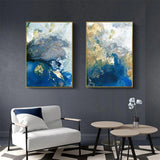 Elegant Marbled Blue and Gold Canvas Art Set - 80cm x 120cm with Gold Frame - Side View