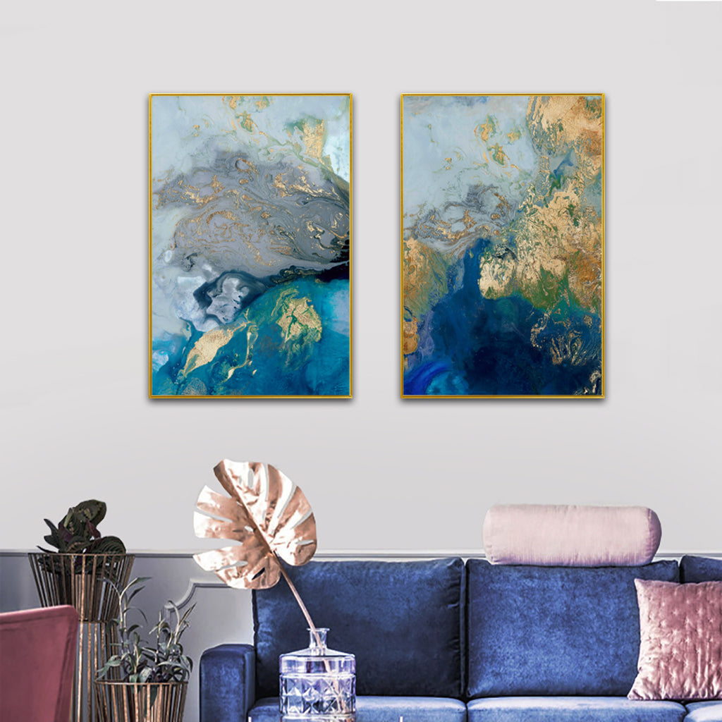 Elegant Marbled Blue and Gold Canvas Art Set - 80cm x 120cm with Gold Frame
