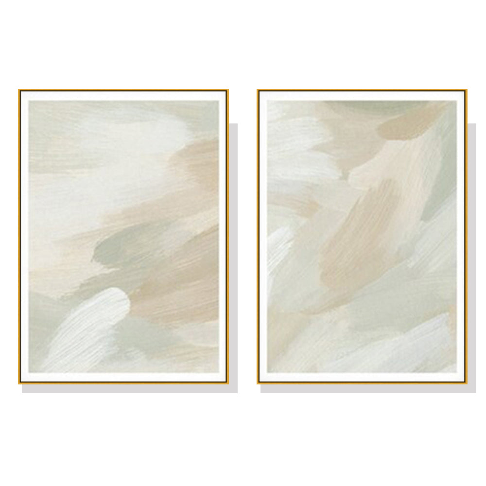 Beige and Sage Green Canvas Wall Art Set with Gold Frame - 100cm x 150cm