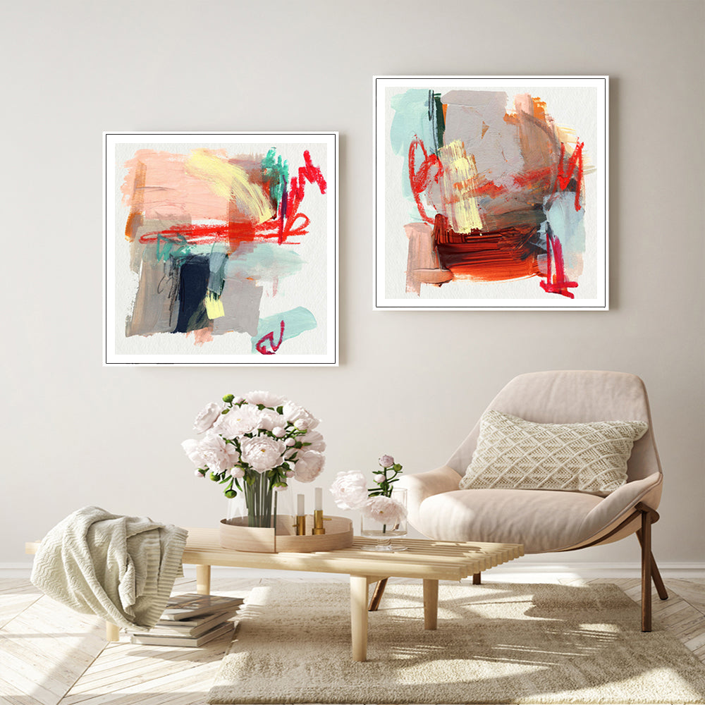 Colorful Garden Abstract Canvas Art Set - 80cm x 80cm with White Floating Frame