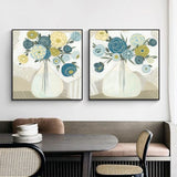 Blue Bouquet Canvas Art Set - 100cm x 100cm with Black Floating Frame (2 Pieces) - Top-Down View