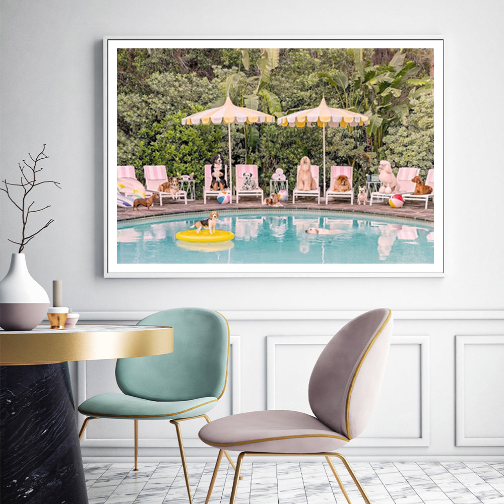 Framed Canvas Wall Art - Dogs at the Beverly Hills Hotel (90cm x 135cm)