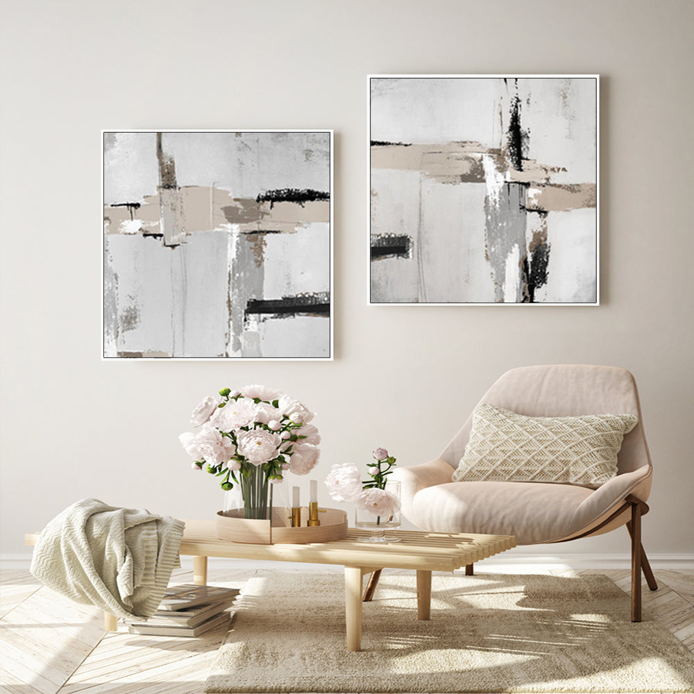 Neutral Abstract Wall Art Set of 2 - 80cm x 80cm with White Floating Frame