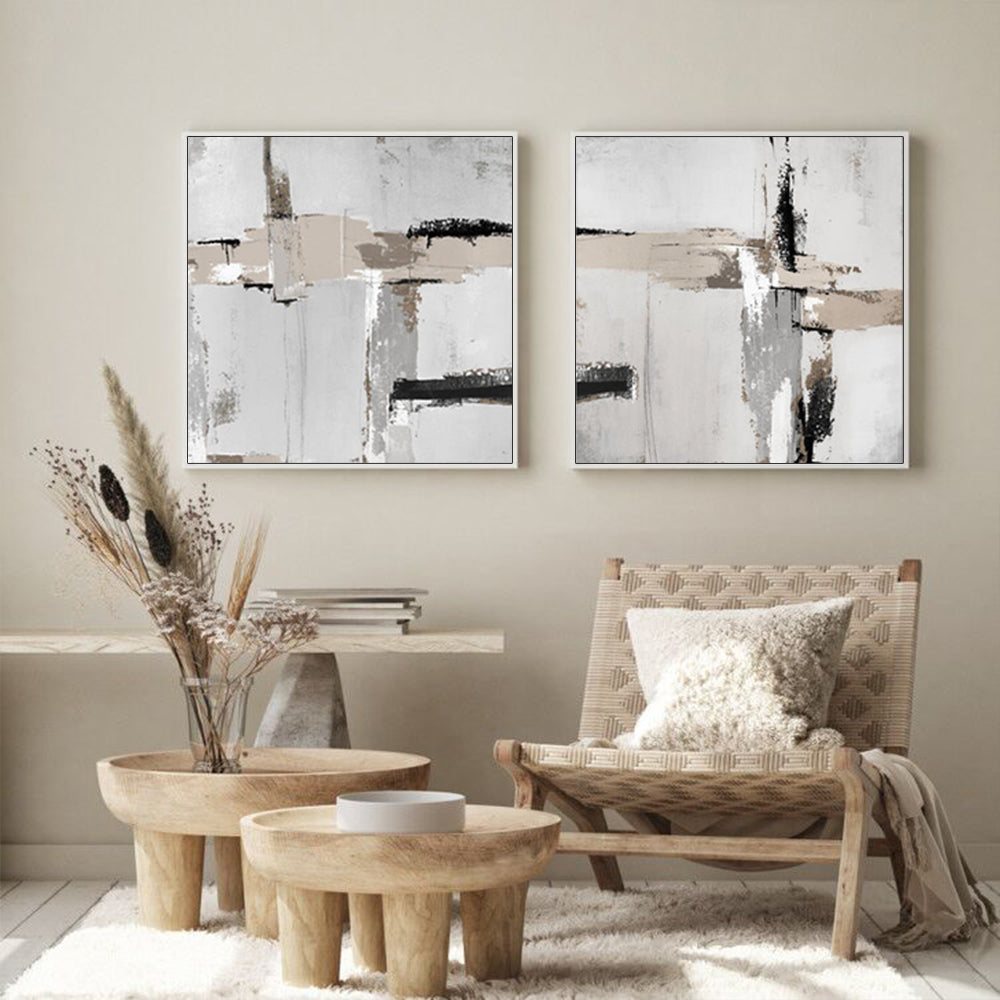 Neutral Abstract Wall Art Set of 2 - 80cm x 80cm with White Floating Frame