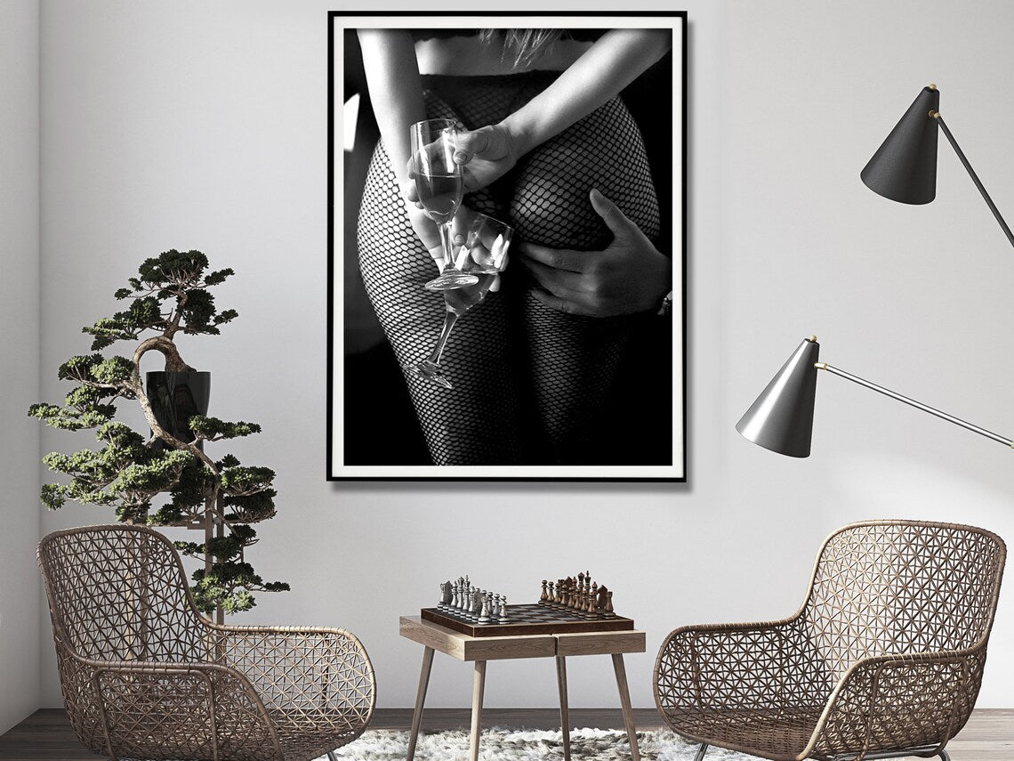 Elegant Canvas Wall Art 50cmx70cm - Woman Enjoying Wine in a Chic Bar, Framed Design