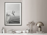 Wall Art 30cmx40cm Black and White Ocean Jump, Black Frame Canvas - Side View