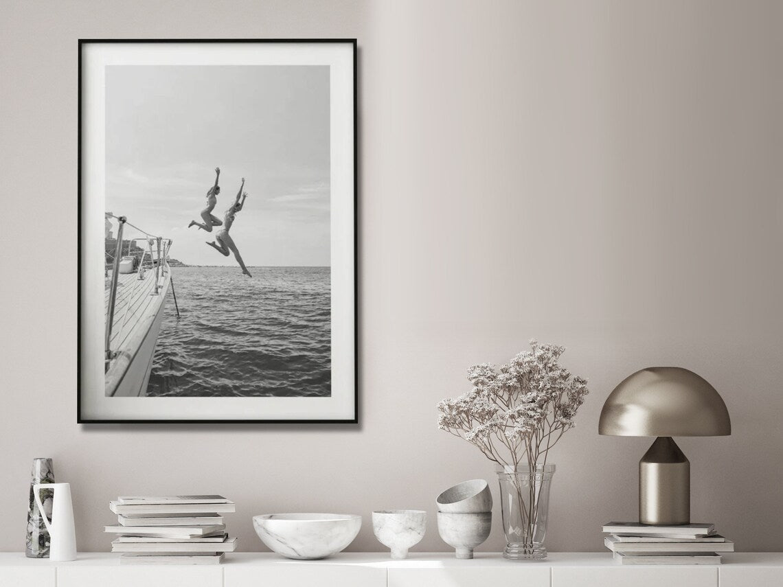 Black and White Ocean Leap Canvas Art - 40cm x 60cm Framed Print