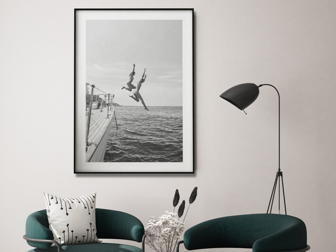 Black and White Ocean Leap Canvas Art - 40cm x 60cm Framed Print
