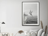 Black and White Ocean Leap Canvas Art - 70cm x 100cm with Black Floating Frame - 45-Degree Angle